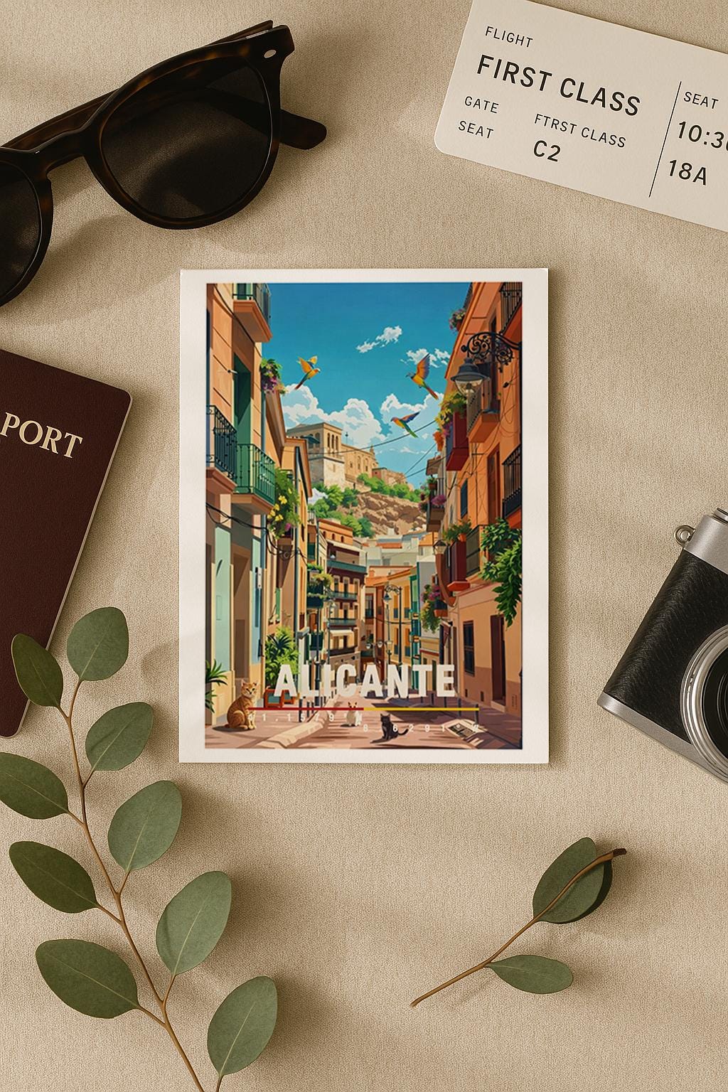 Illustration einer charmanten Altstadtgasse in Alicante mit bunten Fassaden, Balkonen und mediterranem Licht. Die Szene wirkt warm, lebendig und einladend und zeigt das typische Flair der spanischen Küstenstadt.