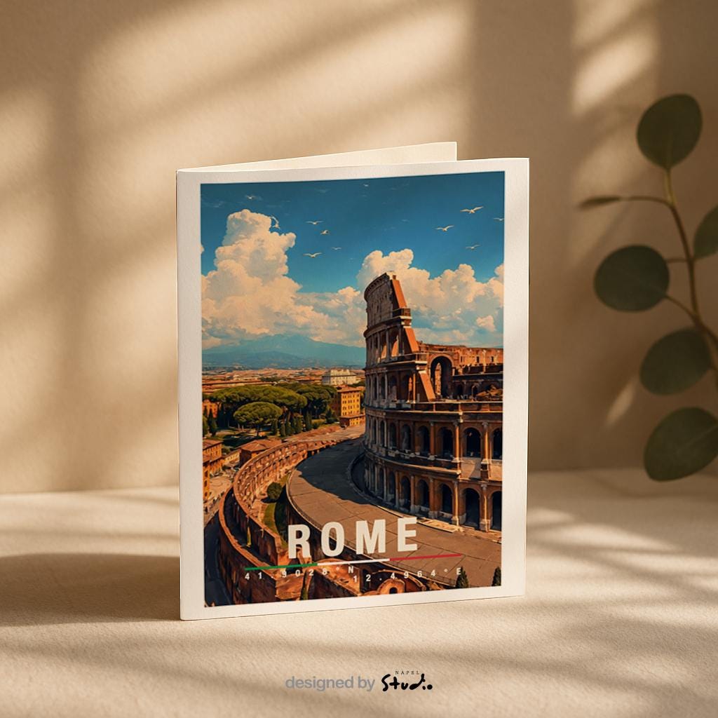 Illustration von Rom mit dem Kolosseum im Vordergrund und Blick über die historische Stadt. Die Szene ist hell, detailreich und zeitlos und zeigt die berühmte Architektur der italienischen Hauptstadt.