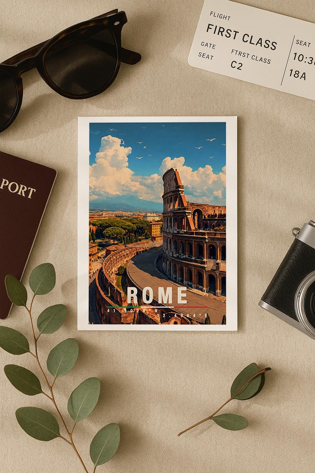 Illustration von Rom mit dem Kolosseum im Vordergrund und Blick über die historische Stadt. Die Szene ist hell, detailreich und zeitlos und zeigt die berühmte Architektur der italienischen Hauptstadt.