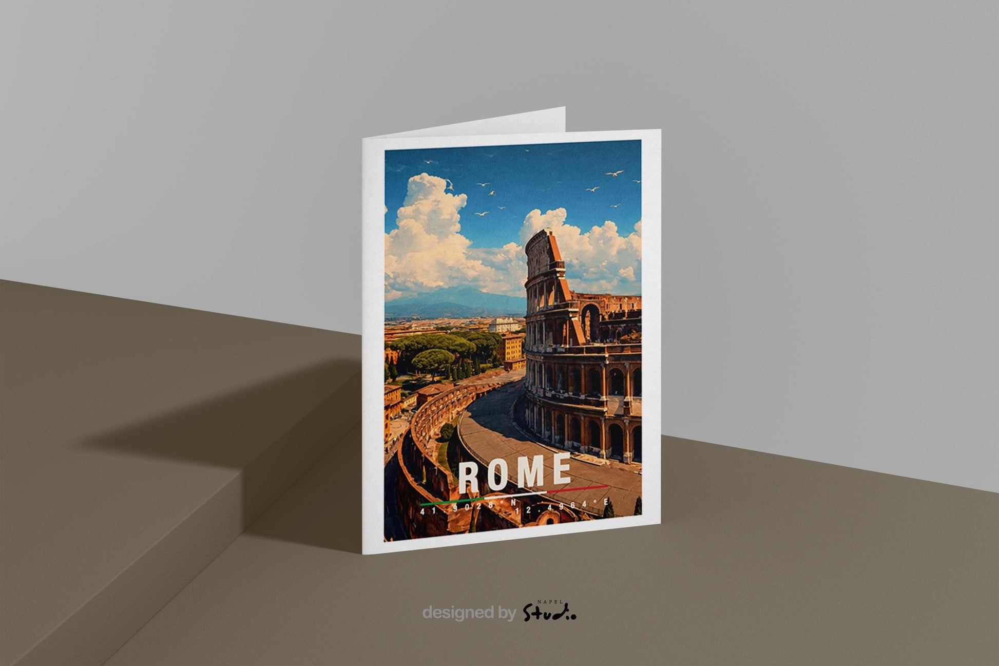 Illustration von Rom mit dem Kolosseum im Vordergrund und Blick über die historische Stadt. Die Szene ist hell, detailreich und zeitlos und zeigt die berühmte Architektur der italienischen Hauptstadt.