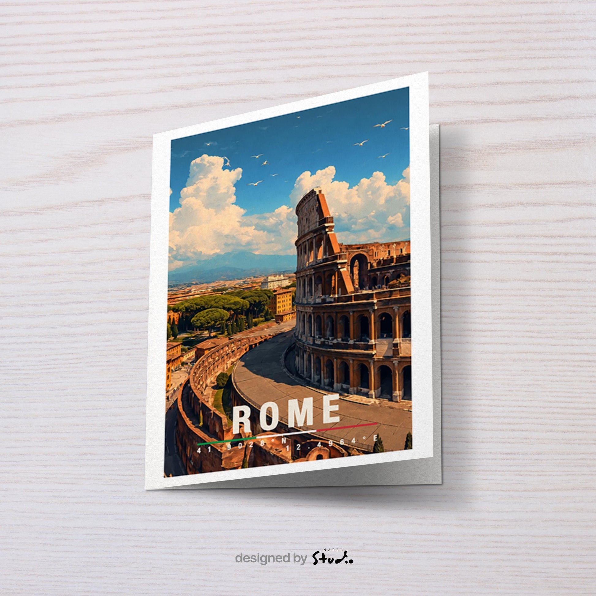 Illustration von Rom mit dem Kolosseum im Vordergrund und Blick über die historische Stadt. Die Szene ist hell, detailreich und zeitlos und zeigt die berühmte Architektur der italienischen Hauptstadt.