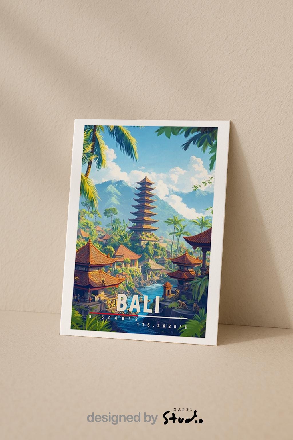 Detailreiche Illustration von Bali mit traditionellem Tempel, tropischen Palmen, Wasserlauf und üppiger Natur. Die Szene wirkt warm, exotisch und ruhig und vermittelt spirituelles Bali-Flair.