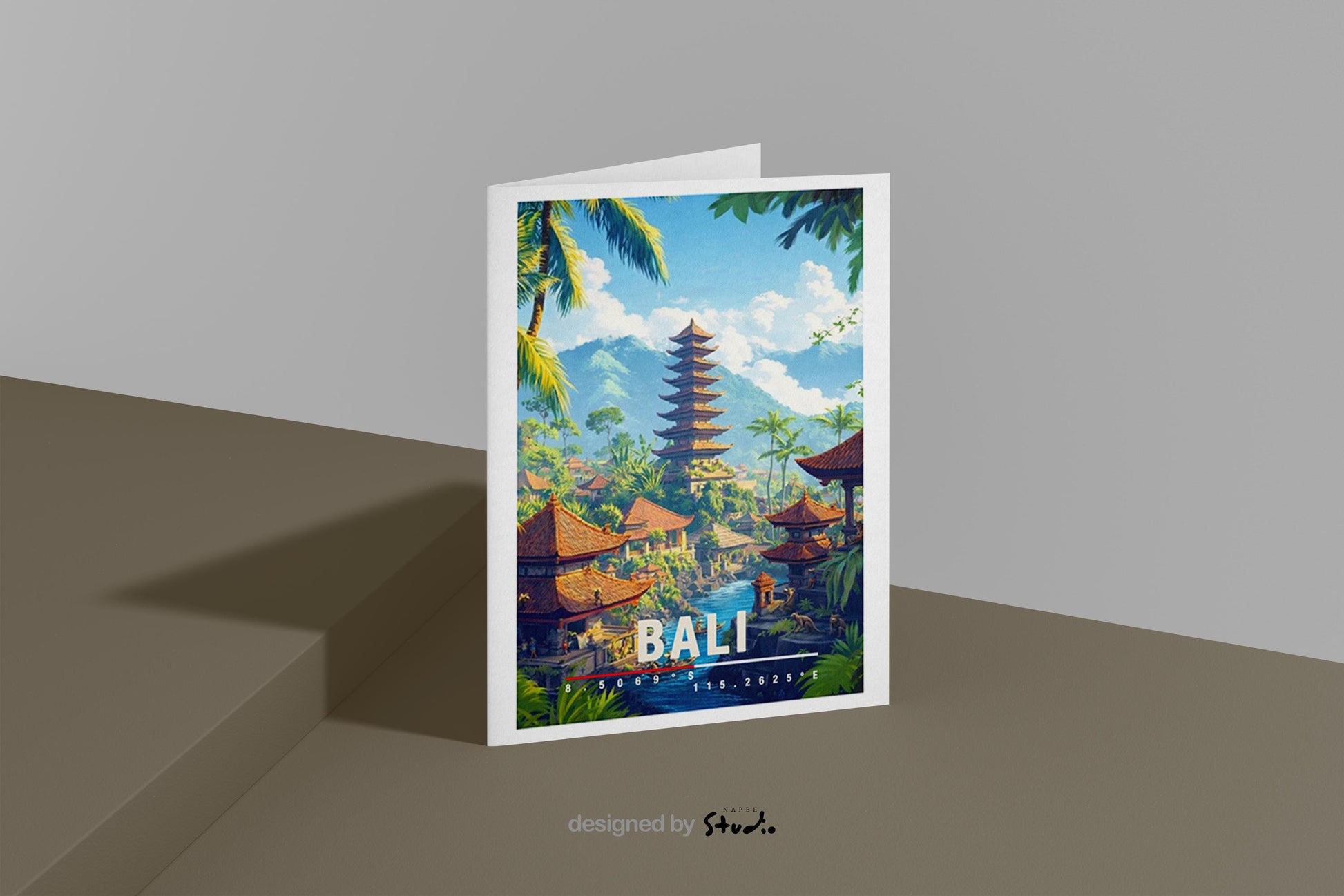 Detailreiche Illustration von Bali mit traditionellem Tempel, tropischen Palmen, Wasserlauf und üppiger Natur. Die Szene wirkt warm, exotisch und ruhig und vermittelt spirituelles Bali-Flair.