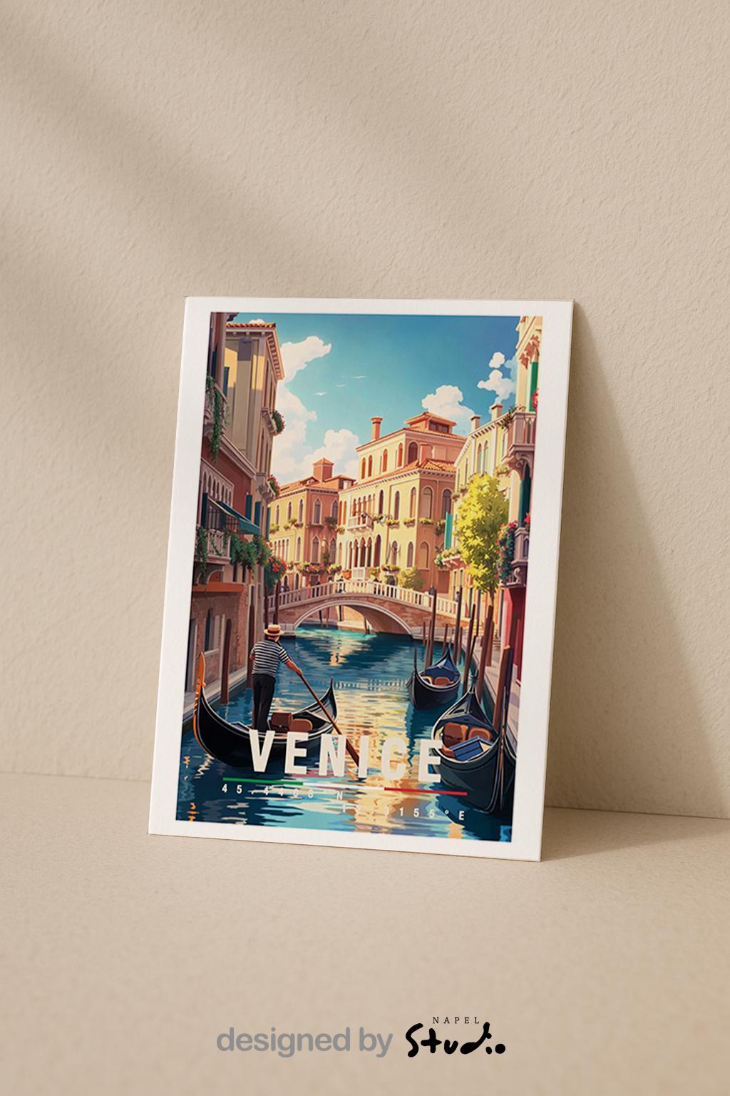 Illustration von Venedig mit Gondeln auf einem ruhigen Kanal, historischer Architektur und Brücke. Die Szene wirkt romantisch, warm und klassisch italienisch.