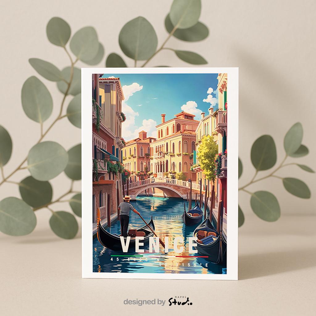 Illustration von Venedig mit Gondeln auf einem ruhigen Kanal, historischer Architektur und Brücke. Die Szene wirkt romantisch, warm und klassisch italienisch.