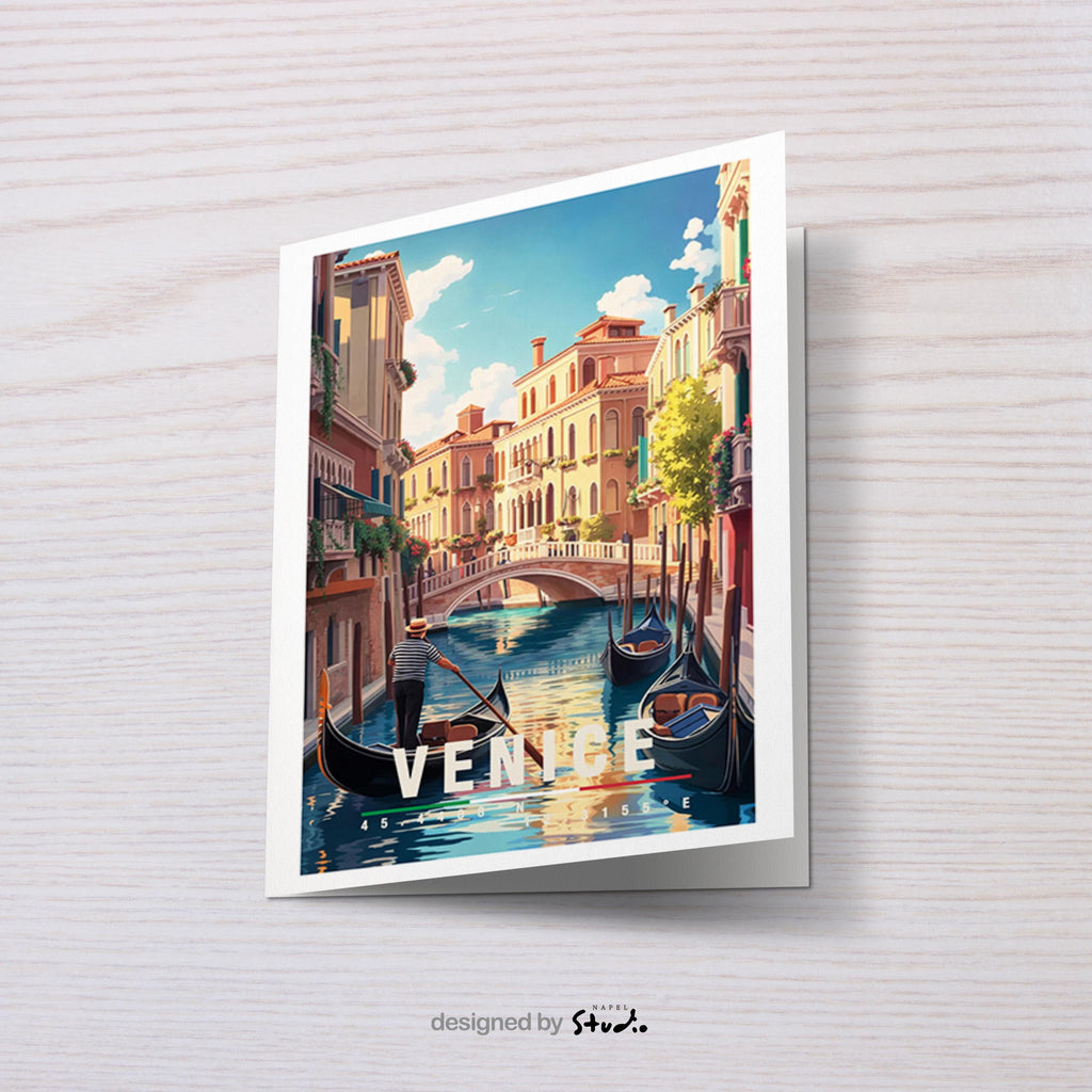 Illustration von Venedig mit Gondeln auf einem ruhigen Kanal, historischer Architektur und Brücke. Die Szene wirkt romantisch, warm und klassisch italienisch.