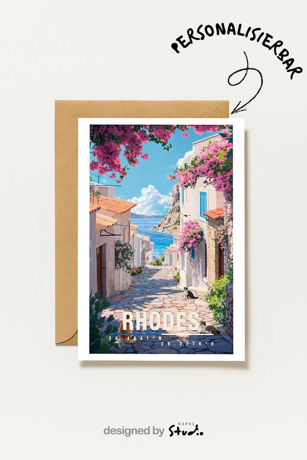 Postkarte Rhodos Mit Altstadt, Blumen & Meerblick Rhodes Greece Travel Art Griechenland