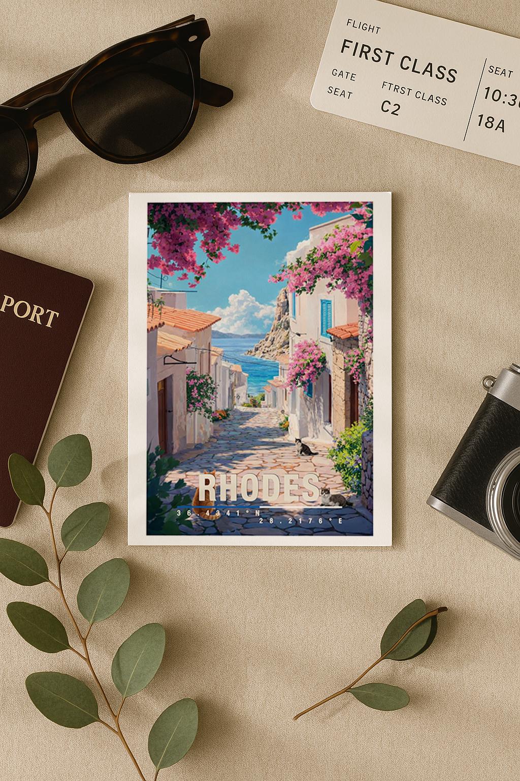 Mediterrane Illustration von Rhodos mit weißer Altstadtgasse, bunten Blumen, Katze und Blick auf das blaue Meer. Die Szene wirkt sonnig, ruhig und typisch griechisch.