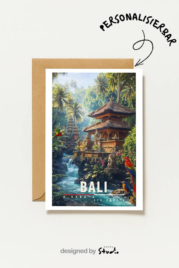 Postkarte Bali Mit Dschungeltempel, Wasserfall & Papageien Bali Jungle Temple Bali