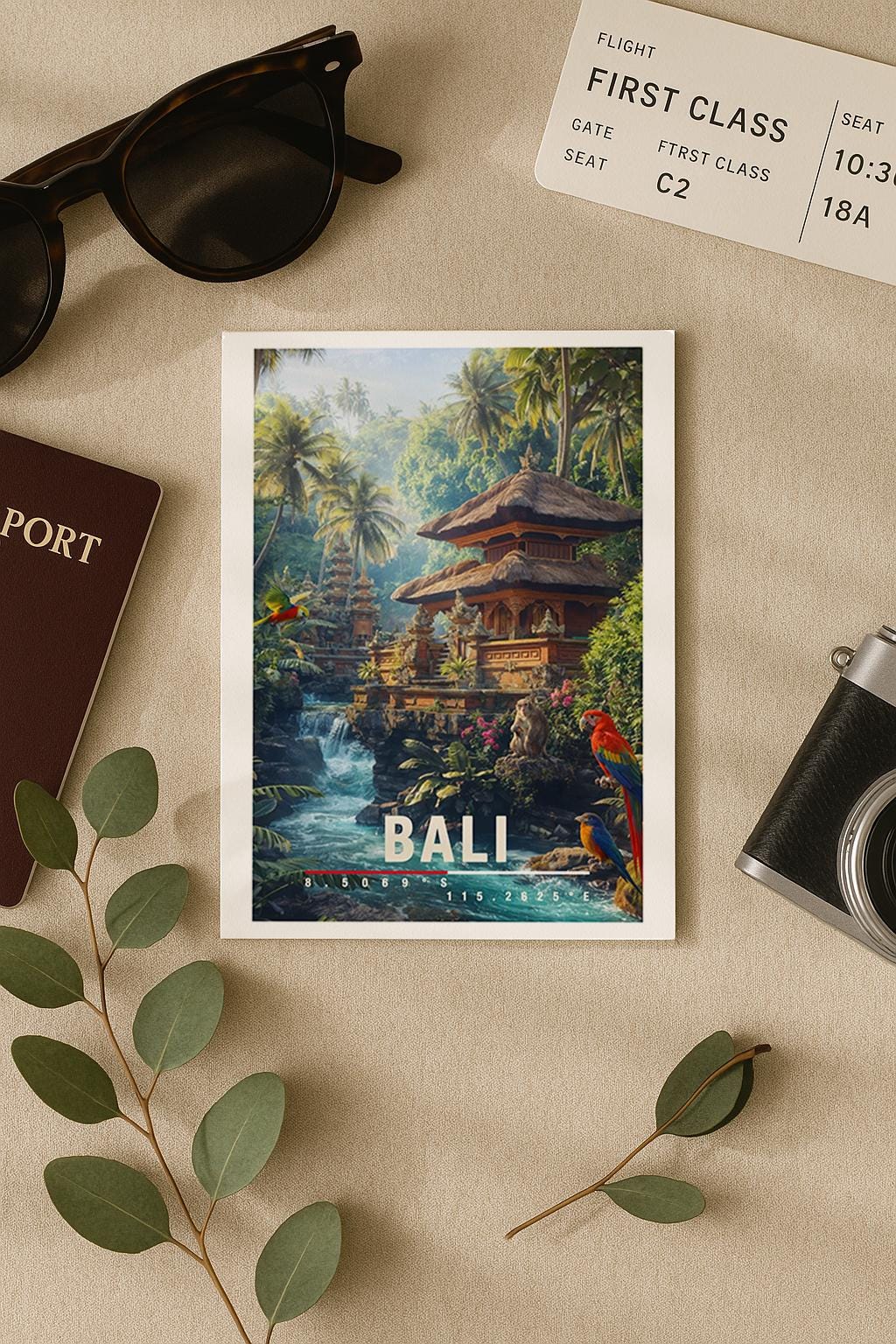 Farbenfrohe Illustration von Bali mit traditionellem Dschungeltempel, Wasserfall, tropischer Vegetation und exotischen Vögeln. Die Szene wirkt lebendig, mystisch und naturverbunden.