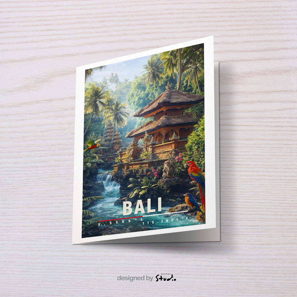 Farbenfrohe Illustration von Bali mit traditionellem Dschungeltempel, Wasserfall, tropischer Vegetation und exotischen Vögeln. Die Szene wirkt lebendig, mystisch und naturverbunden.