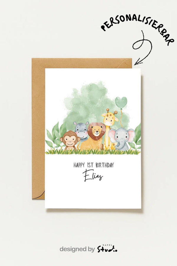 Geburtstag Personalisierte Aquarell Tierkarte Für Jungen Und Mädchen Geburtstagskarte Mit Safari Tieren Perfekte Geschenkidee