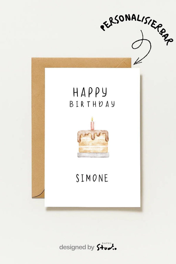 Geburtstagskarte Kuchen Aquarell Personalisierte Happy Birthday Minimalistische Geburtstagskarte Mit Name