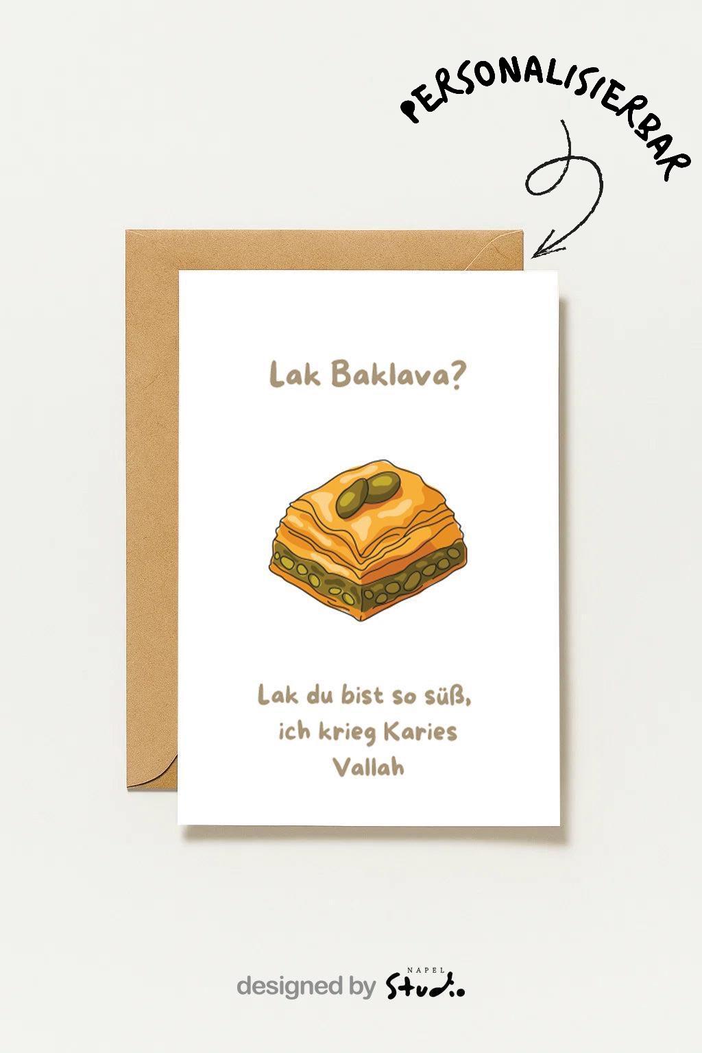 Baklava Karte | Süße Spruchkarte Türkisch | Türkische Karte | Liebevolle Fun Karte | Süßer Spruch Vallah, Karte mit Baklava