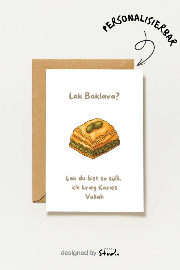 Baklava Karte | Süße Spruchkarte Türkisch | Türkische Karte | Liebevolle Fun Karte | Süßer Spruch Vallah, Karte mit Baklava