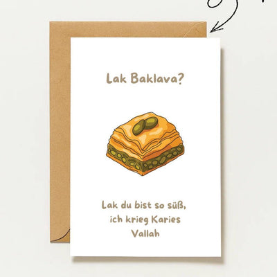 Baklava Karte | Süße Spruchkarte Türkisch | Türkische Karte | Liebevolle Fun Karte | Süßer Spruch Vallah, Karte mit Baklava