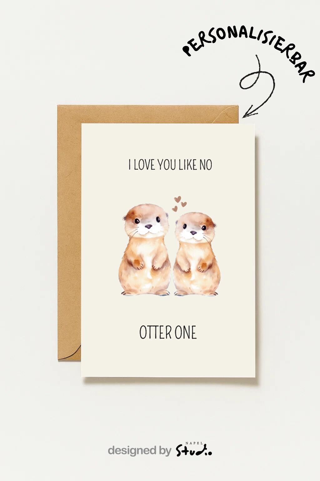 Süße Aquarell-Illustration von zwei Ottern, die nebeneinander stehen. Über ihnen kleine Herzen. Text „I love you like no otter one“. Zartes, minimalistisches Design auf hellem Hintergrund. Perfekt als Valentinskarte oder Liebeskarte.