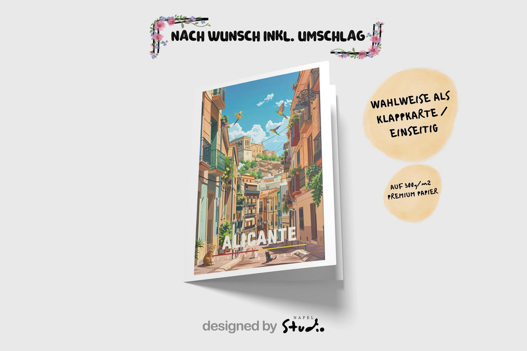Illustration einer charmanten Altstadtgasse in Alicante mit bunten Fassaden, Balkonen und mediterranem Licht. Die Szene wirkt warm, lebendig und einladend und zeigt das typische Flair der spanischen Küstenstadt.