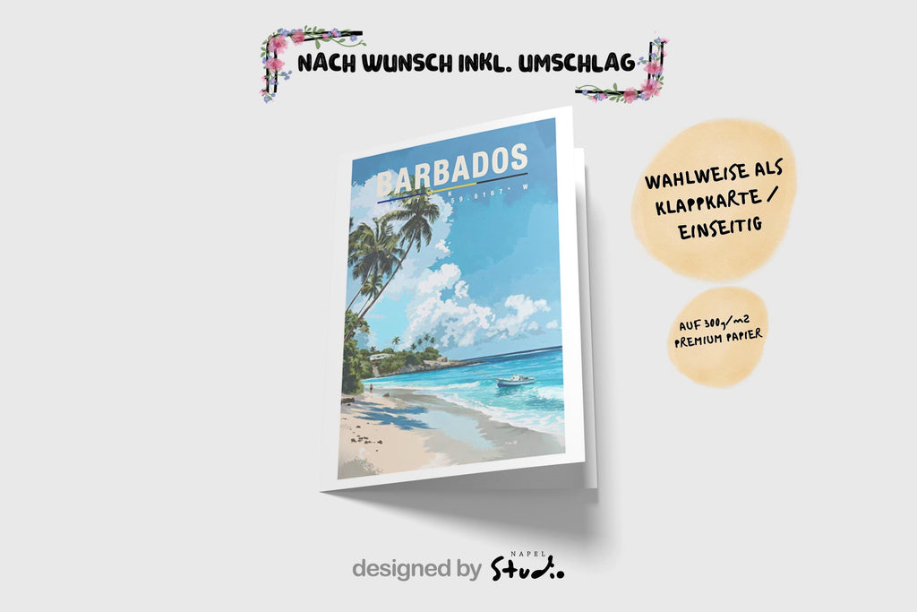 Illustration von Barbados mit tropischem Sandstrand, hohen Palmen, türkisfarbenem Meer und Booten nahe der Küste. Die Szene wirkt sonnig, entspannt und vermittelt typisches Karibik-Flair mit Sommer- und Urlaubsgefühl.
