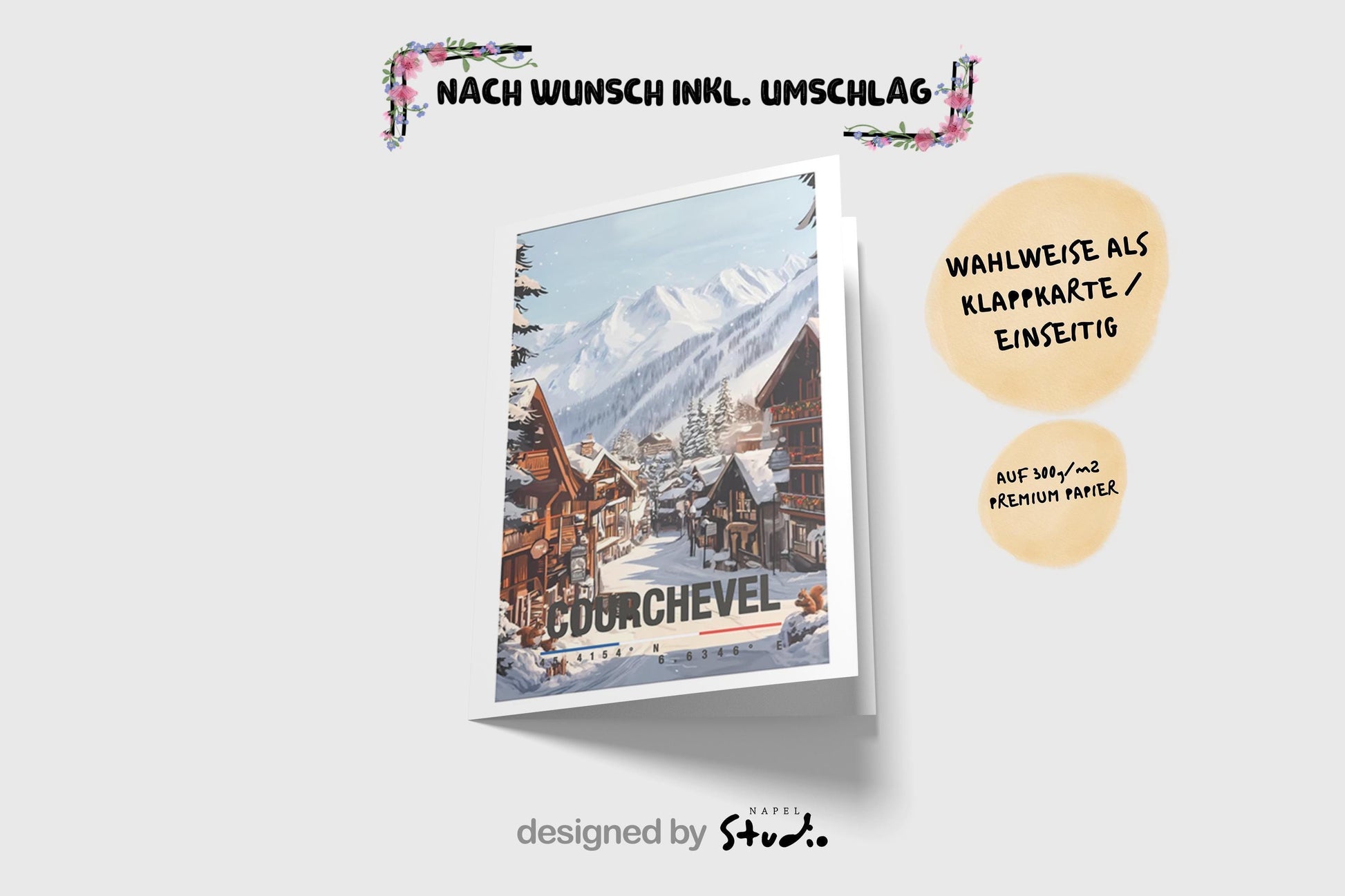 Winterliche Illustration von Courchevel mit verschneiten Chalets, Bergdorf-Atmosphäre und imposanten Alpen im Hintergrund. Die Szene strahlt Ruhe, Gemütlichkeit und alpine Eleganz aus und eignet sich perfekt als Geschenk für Ski-, Winter- und Frankreich-Liebhaber.