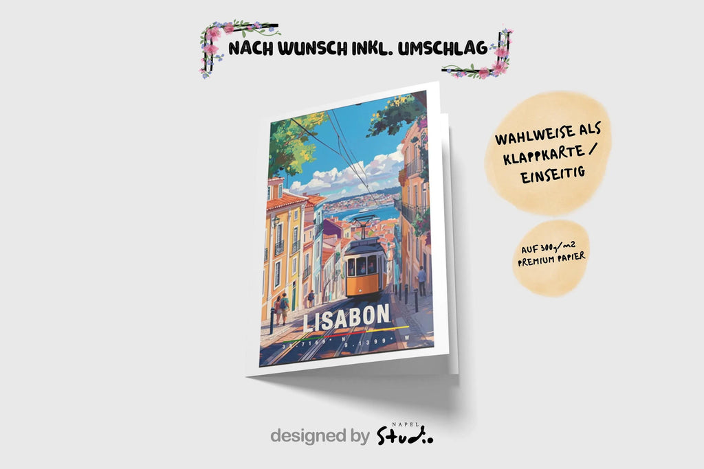 Illustration von Lissabon mit gelber Straßenbahn in einer steilen Altstadtstraße, bunten Häusern und Blick auf das Wasser. Die Szene wirkt lebendig, warm und nostalgisch und vermittelt typisches Portugal-Flair und urbanes Reisegefühl.