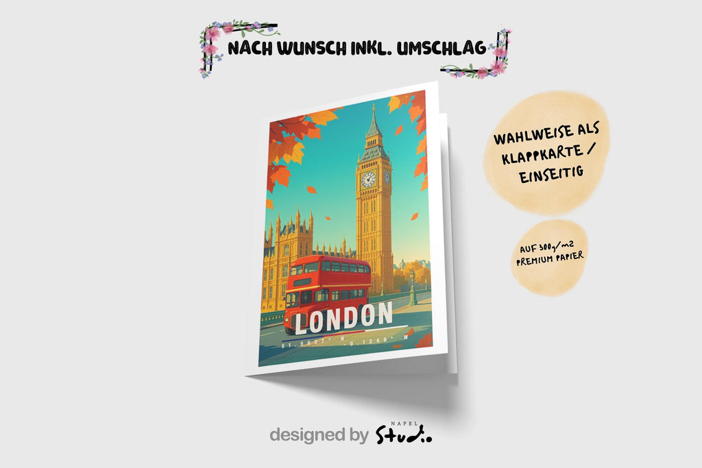 A6-Grußkarte mit herbstlicher London-Szene: Big Ben im Hintergrund, ein klassischer roter Doppeldeckerbus im Vordergrund, orange Herbstblätter fallen im Bild. Warme Farben, Travel-Illustrationsstil, ideal für London-Fans und Reisende.