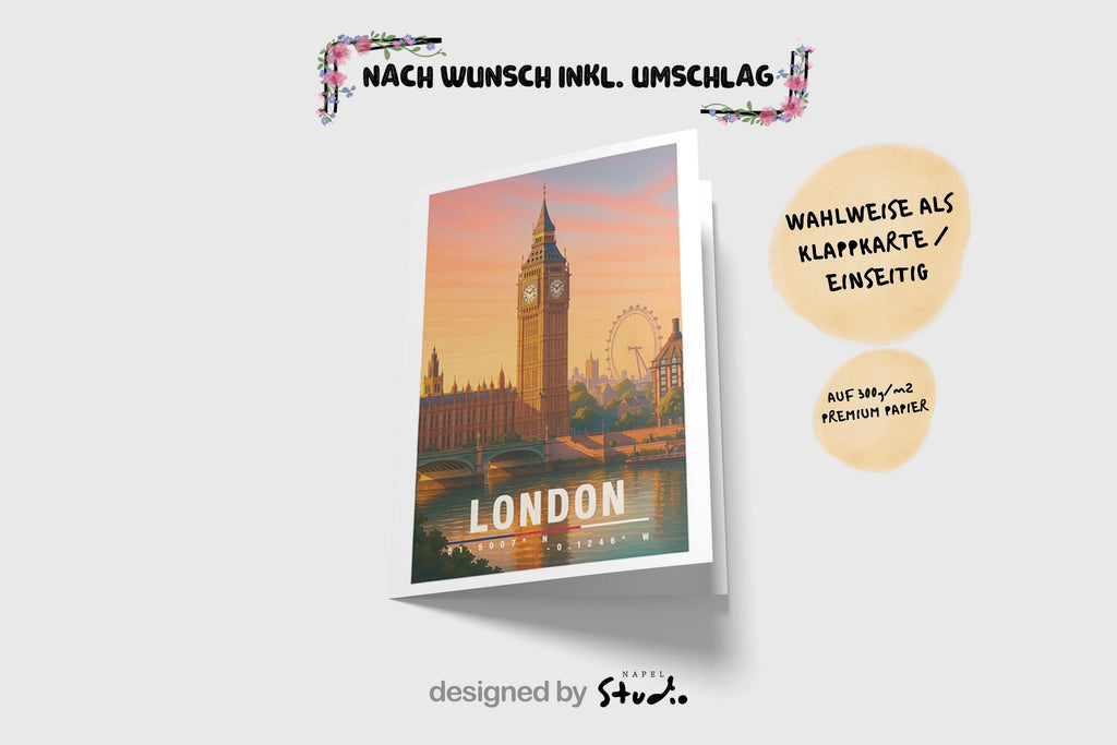 A6-Grußkarte mit London-Szene: Big Ben und London Eye im warmen Licht eines Sonnenuntergangs. Die Gebäude spiegeln sich im Wasser, Bäume und Skyline im Hintergrund. Moderne Travel-Illustration, perfekt als Grußkarte für London-Liebhaber.