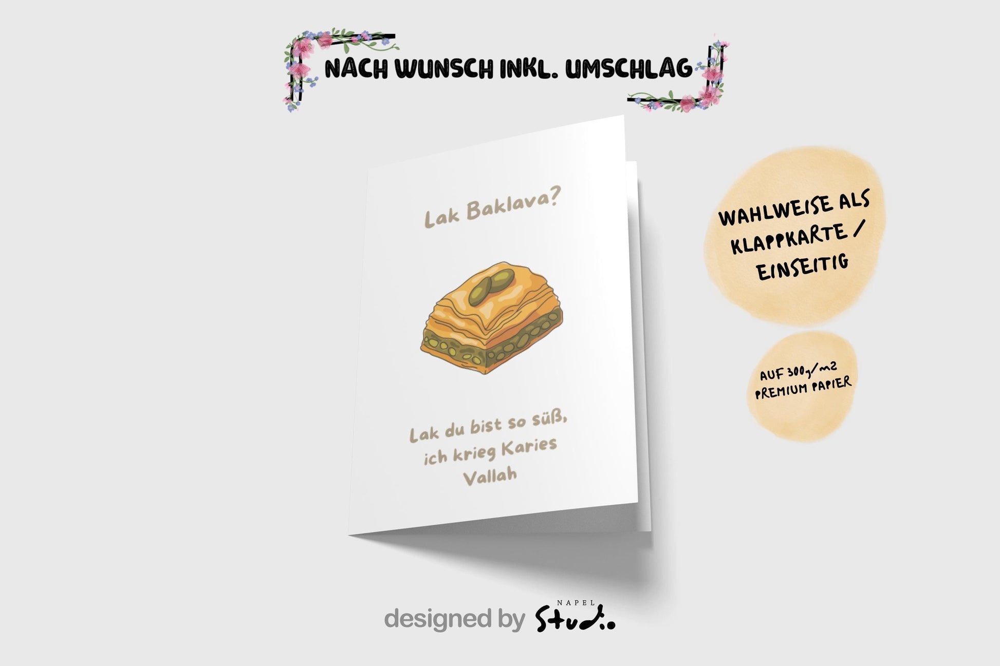 Baklava Karte | Süße Spruchkarte Türkisch | Türkische Karte | Liebevolle Fun Karte | Süßer Spruch Vallah, Karte mit Baklava