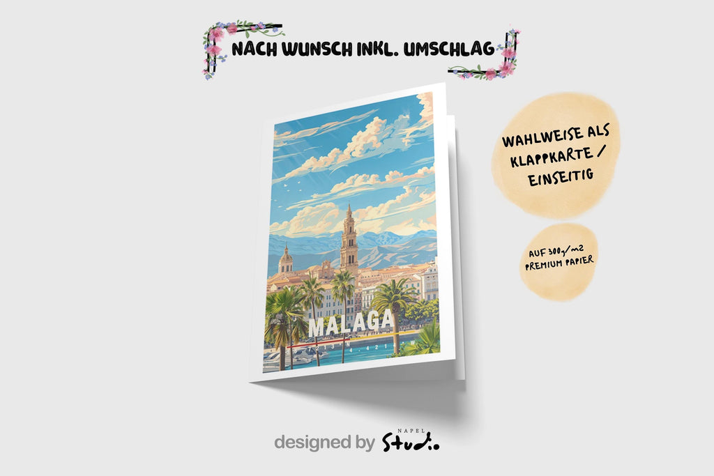 Illustration von Málaga mit Blick auf den Hafen, Palmen und die historische Altstadt vor bergiger Kulisse. Die Szene wirkt sonnig, entspannt und mediterran und fängt das typische Andalusien-Flair ein. Ideal als Grußkarte für Spanien-Reisen und Städteurlaub.
