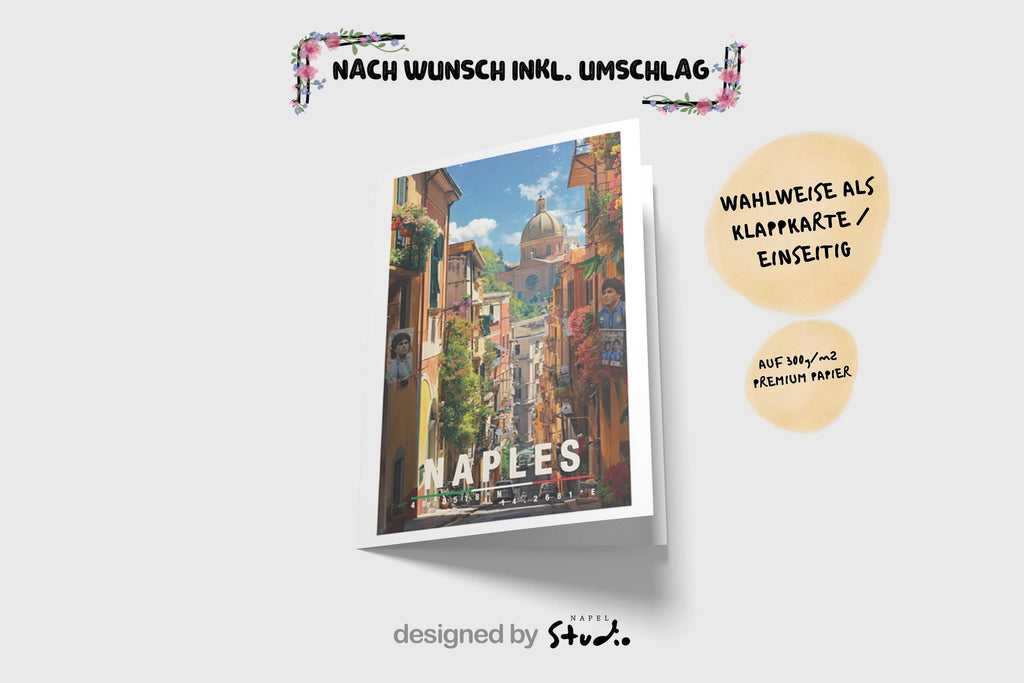 Detailreiche Illustration einer Straße in Neapel mit historischen Häusern, Pflanzen und Blick auf eine Kuppel im Hintergrund. Die Szene vermittelt süditalienisches Lebensgefühl, Wärme und urbanen Charme.