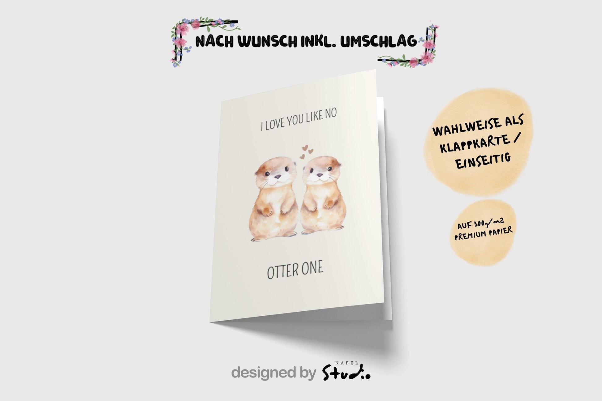 Süße Aquarell-Illustration von zwei Ottern, die nebeneinander stehen. Über ihnen kleine Herzen. Text „I love you like no otter one“. Zartes, minimalistisches Design auf hellem Hintergrund. Perfekt als Valentinskarte oder Liebeskarte.