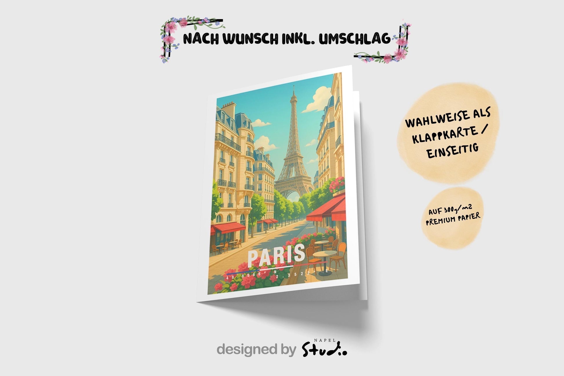 Illustrative Paris Grußkarte im modernen Travel-Poster-Stil. Zu sehen ist eine sonnige Pariser Straße mit Blick auf den Eiffelturm, umgeben von klassischen Häuserfassaden, roten Markisen, Straßencafés und blühenden Blumen. Die Karte wirkt warm, ästhetisch und detailreich – ideal für Geschenkideen, Deko oder Reiseerinnerungen.