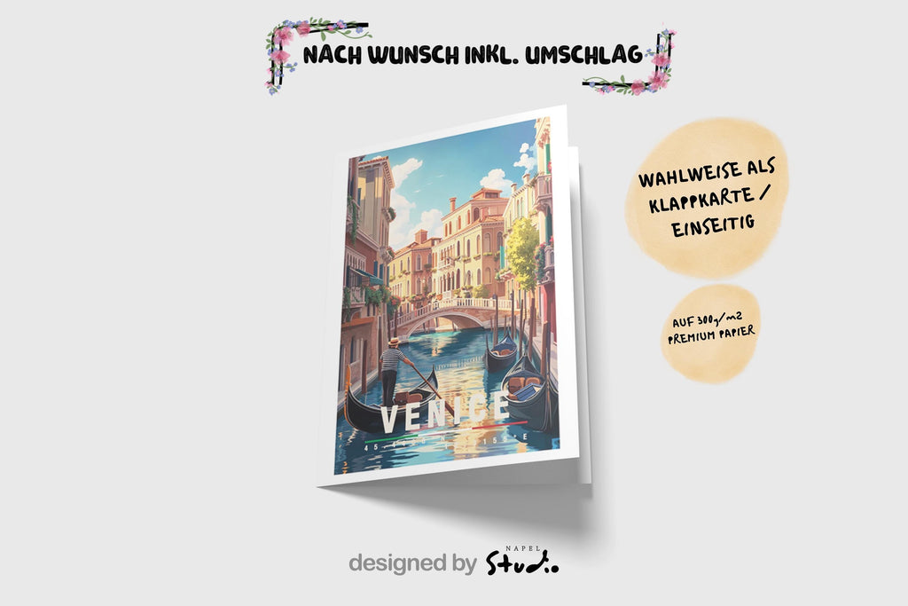 Illustration von Venedig mit Gondeln auf einem ruhigen Kanal, historischer Architektur und Brücke. Die Szene wirkt romantisch, warm und klassisch italienisch.