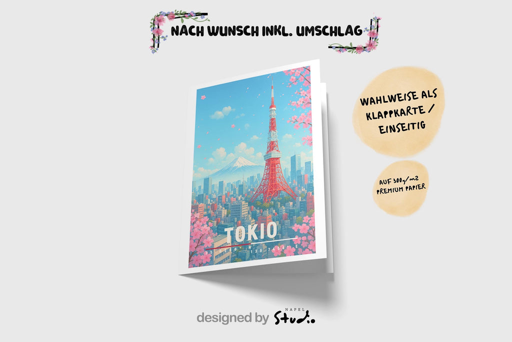 A6-Grußkarte mit Tokio-Illustration: Roter Tokyo Tower, Kirschblüten, Stadtlandschaft und Berg Fuji im Hintergrund. Leuchtender blauer Himmel, rosa Sakura, moderner Travel-Poster-Stil. Ideal als Grußkarte für Japan-Liebhaber.