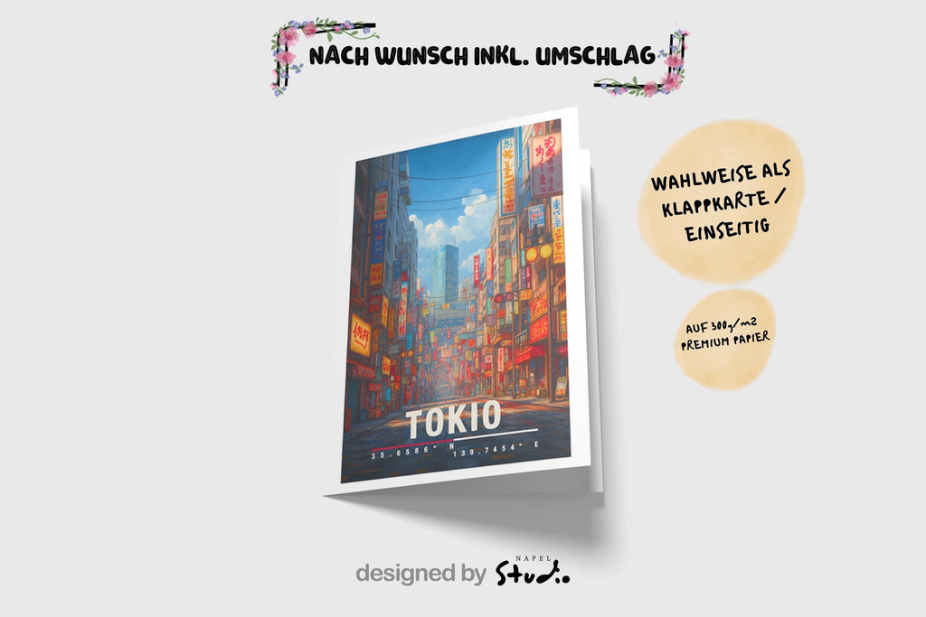 Illustration einer belebten Straße in Tokio mit leuchtenden Neonreklamen, japanischen Schriftzeichen und moderner Stadtarchitektur. Die Szene wirkt urban, dynamisch und atmosphärisch und vermittelt das typische Großstadt- und Nachtleben-Gefühl Japans.