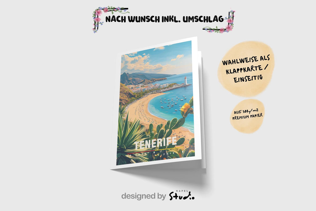 Illustration der Küste von Teneriffa mit hellem Strand, blauem Meer, Palmen und Küstenstadt. Die Szene vermittelt Sonne, Leichtigkeit und Inselurlaub und ist perfekt für Sommerfans, Spanienliebhaber oder als Erinnerung an einen entspannten Urlaub.