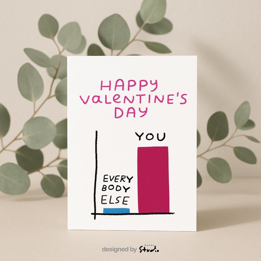 Minimalistische, humorvolle Valentinstagskarte mit Balkendiagramm-Illustration. Ein großer Balken steht für „You“, ein kleiner für „Everybody Else“. Darüber der Schriftzug „Happy Valentine’s Day“. Perfekt für Paare mit Humor, moderne Beziehungen und alle, die einen witzigen Valentinsgruß suchen.