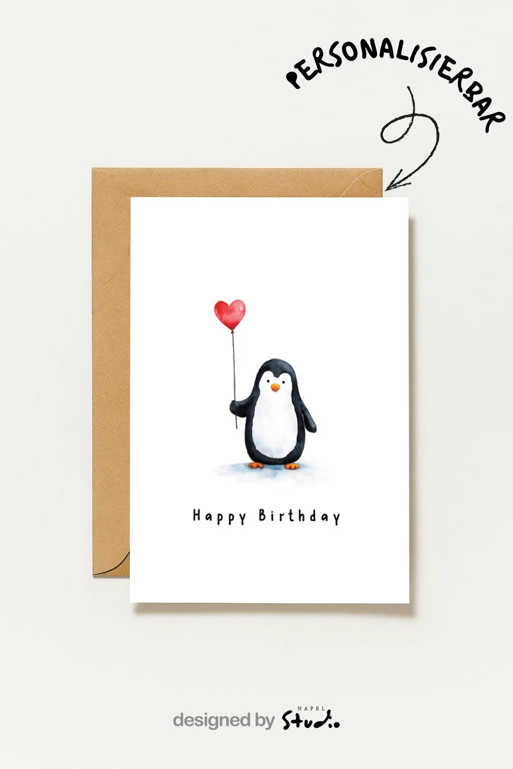 Niedliche Aquarell-Illustration eines kleinen Pinguins, der einen roten Herzballon hält. Darunter steht „Happy Birthday“. Die Karte strahlt Wärme, Freude und Zuneigung aus und eignet sich perfekt als Geburtstagskarte für Kinder, Partner, Freunde oder alle, die süße Tiermotive lieben.