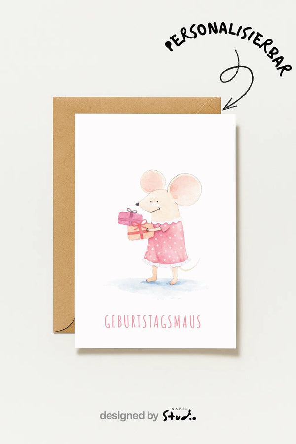 Geburtstagsmaus Süße Aquarell Geburtstagskarte Mit Maus & Geschenk Kinder Geburtstag Liebevoll Mit Maus