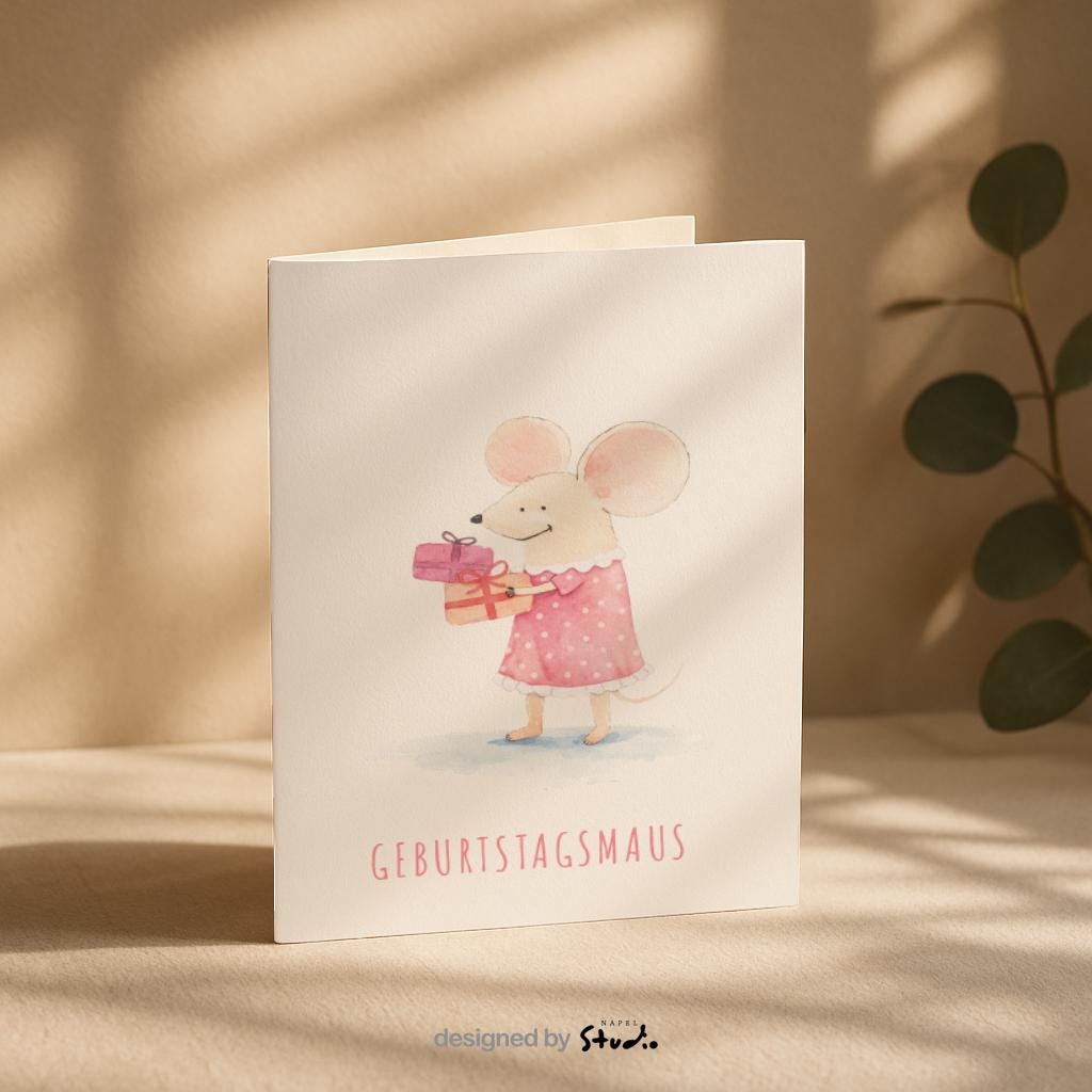 Zarte Aquarell-Illustration einer süßen Maus im rosafarbenen Kleid, die ein Geschenk in den Händen hält. Die Karte trägt den Schriftzug „Geburtstagsmaus“ und wirkt verspielt, freundlich und liebevoll. Perfekt als Geburtstagskarte für Kinder, Babys, Mädchen oder alle, die niedliche Tiermotive und sanfte Farben mögen.