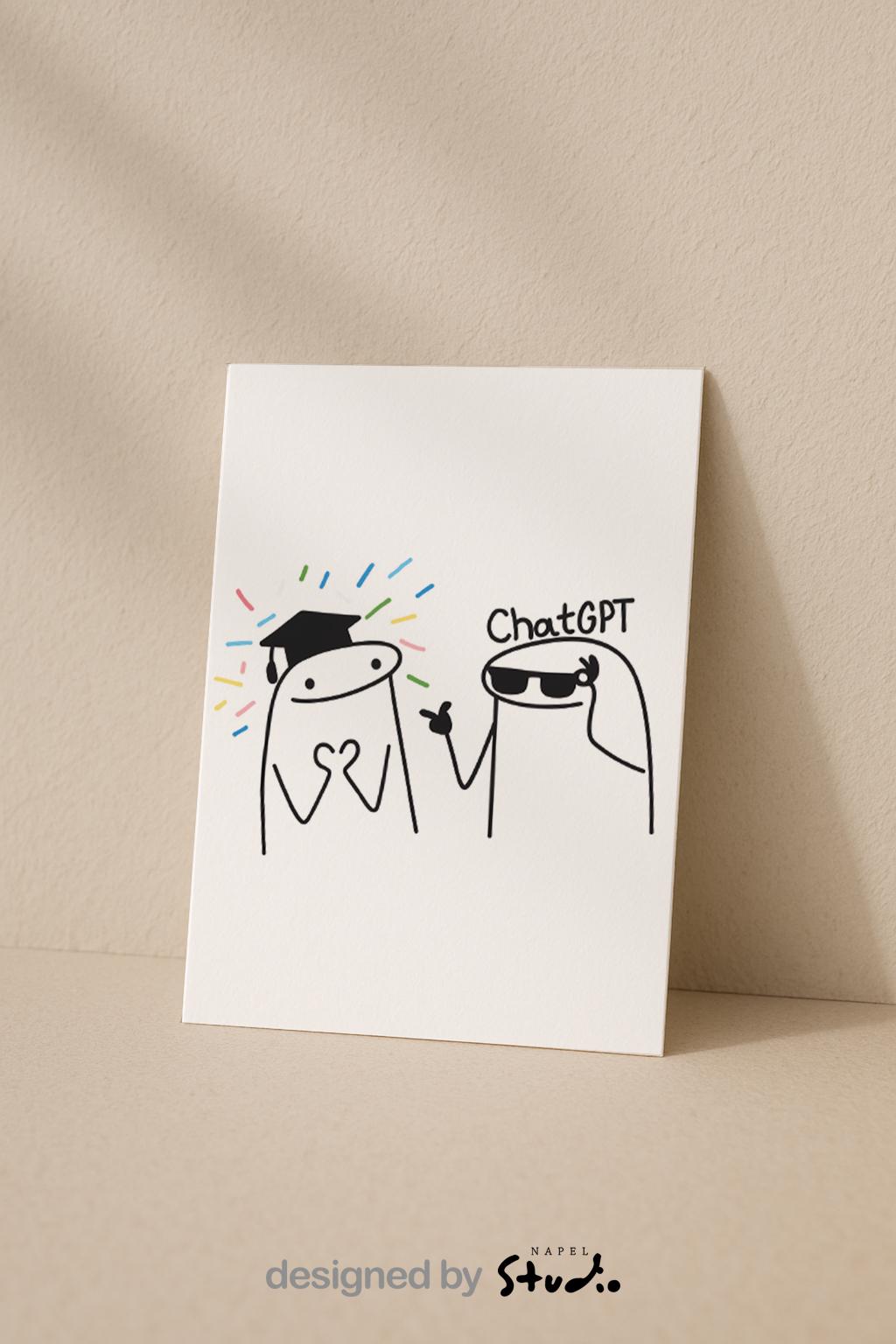 Illustration einer humorvollen Gratulationskarte im minimalistischen Cartoon-Stil. Links eine Figur mit Abschlusskappe und bunten Konfetti-Strahlen, rechts eine Figur mit Sonnenbrille und „ChatGPT“-Schriftzug. Weißer Hintergrund, klare Linien, modernes süßes Design. Perfekt als Glückwunsch- oder Abschlusskarte.