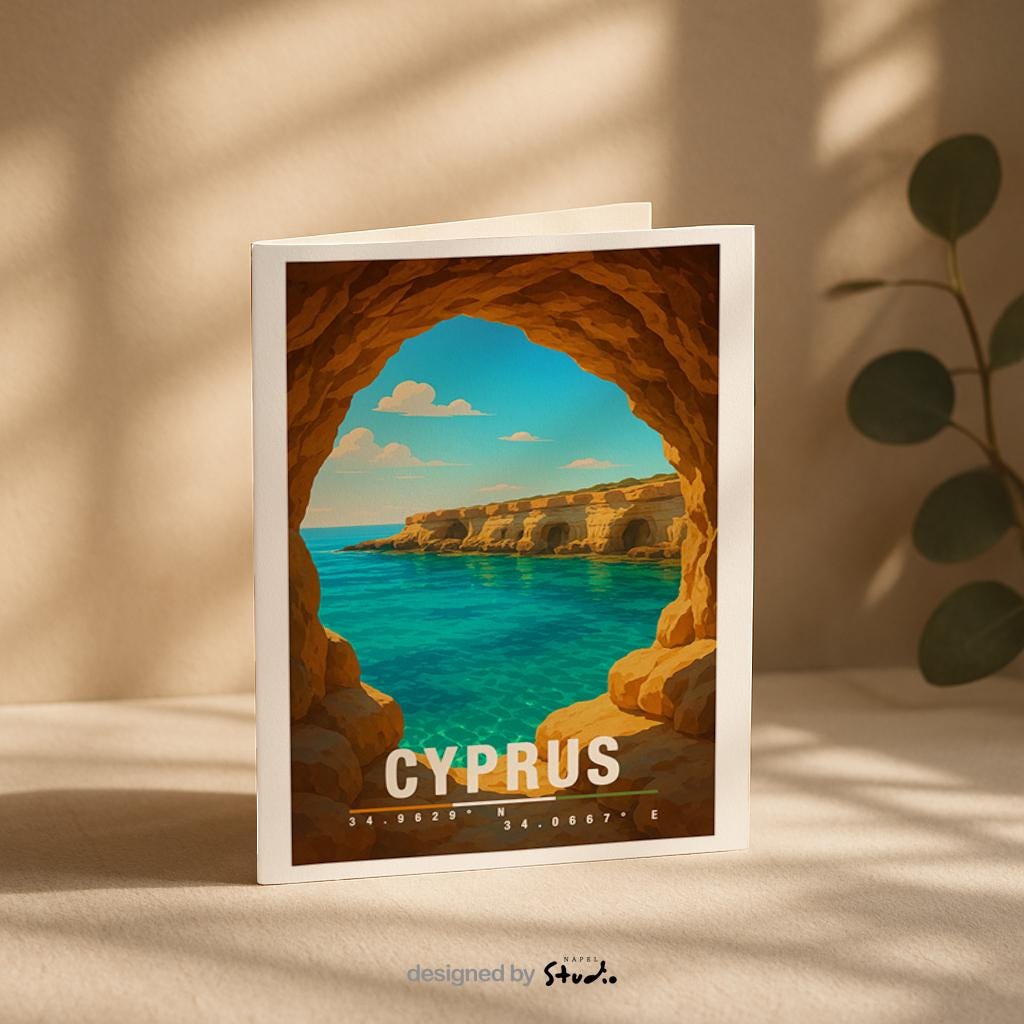 A6-Grußkarte mit mediterranem Zypern-Motiv: Blick aus einer warmen Felsgrotte auf türkisblaues Meer, helle Küstenfelsen und blauen Himmel. Moderne Landschaftsillustration, ideal als Reise- oder Urlaubskarte.