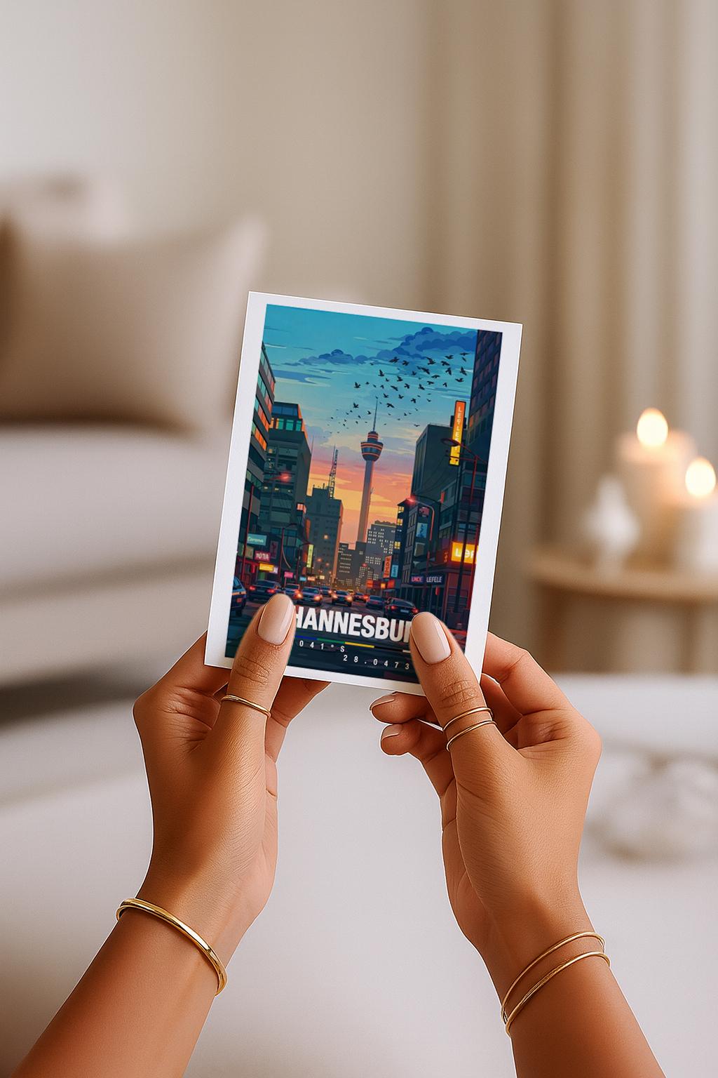 Detaillierte Illustration von Johannesburg mit moderner Skyline bei Sonnenuntergang. Eine breite Straße führt durch die Stadt, flankiert von hohen Gebäuden, Neonlichtern und urbanem Alltag. Im Hintergrund ragt ein markanter Turm über die Dächer. Warme Abendfarben, Stadtverkehr und Architektur vermitteln das pulsierende Großstadtgefühl Südafrikas und machen die Szene lebendig, modern und reisefreudig.