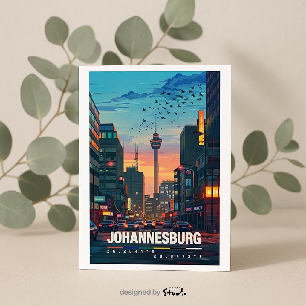 Detaillierte Illustration von Johannesburg mit moderner Skyline bei Sonnenuntergang. Eine breite Straße führt durch die Stadt, flankiert von hohen Gebäuden, Neonlichtern und urbanem Alltag. Im Hintergrund ragt ein markanter Turm über die Dächer. Warme Abendfarben, Stadtverkehr und Architektur vermitteln das pulsierende Großstadtgefühl Südafrikas und machen die Szene lebendig, modern und reisefreudig.
