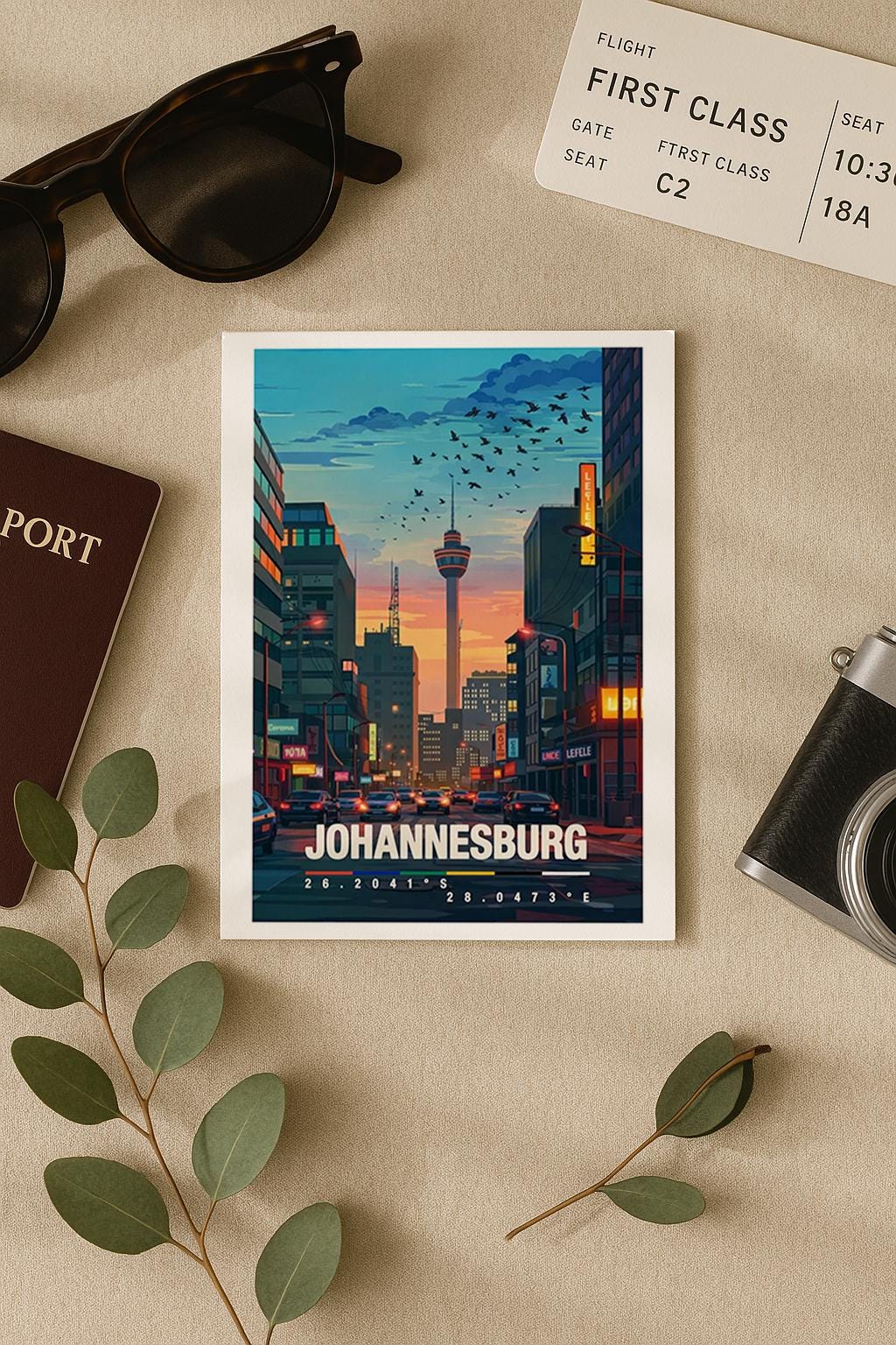 Detaillierte Illustration von Johannesburg mit moderner Skyline bei Sonnenuntergang. Eine breite Straße führt durch die Stadt, flankiert von hohen Gebäuden, Neonlichtern und urbanem Alltag. Im Hintergrund ragt ein markanter Turm über die Dächer. Warme Abendfarben, Stadtverkehr und Architektur vermitteln das pulsierende Großstadtgefühl Südafrikas und machen die Szene lebendig, modern und reisefreudig.