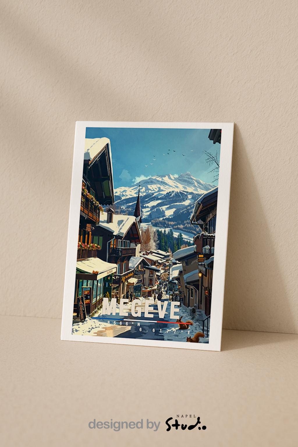 Winterliche Illustration von Megève mit charmanten alpinen Chalets, verschneiten Dächern und einer ruhigen Dorfstraße. Im Hintergrund erheben sich majestätische Alpen mit klaren Schneelandschaften. Warme Holzhäuser, kleine Geschäfte und winterliches Licht erzeugen eine gemütliche, elegante Atmosphäre und spiegeln den klassischen Luxus-Charakter eines französischen Alpenortes wider.