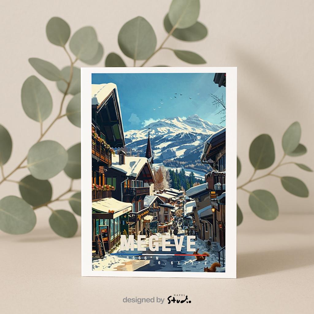Winterliche Illustration von Megève mit charmanten alpinen Chalets, verschneiten Dächern und einer ruhigen Dorfstraße. Im Hintergrund erheben sich majestätische Alpen mit klaren Schneelandschaften. Warme Holzhäuser, kleine Geschäfte und winterliches Licht erzeugen eine gemütliche, elegante Atmosphäre und spiegeln den klassischen Luxus-Charakter eines französischen Alpenortes wider.