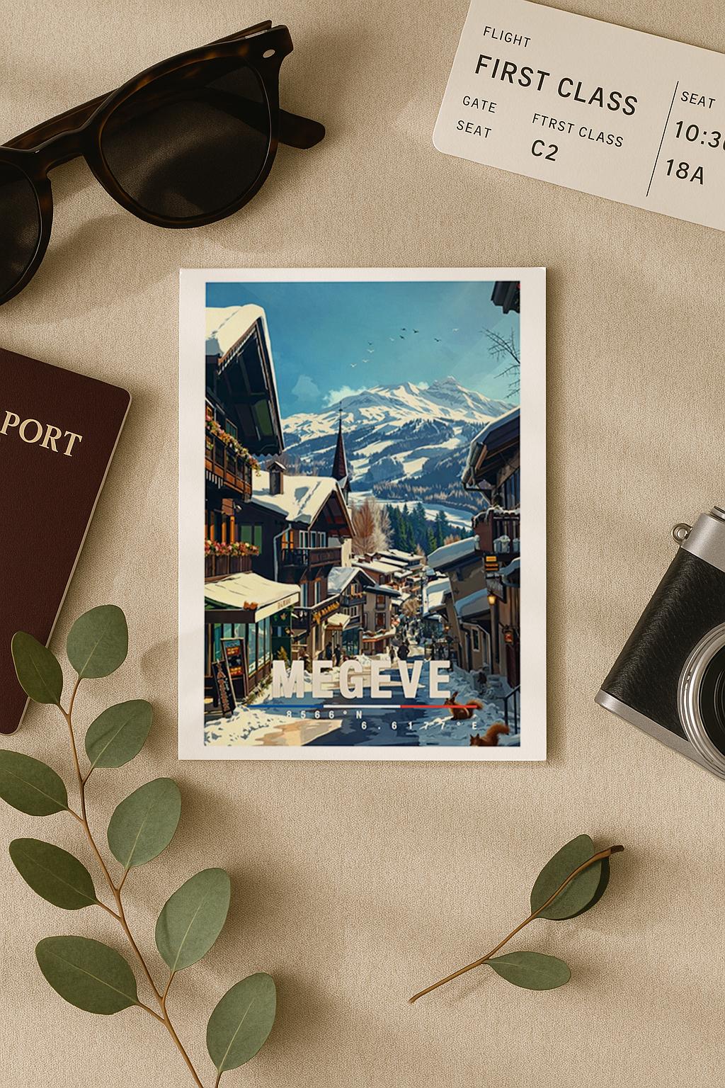 Winterliche Illustration von Megève mit charmanten alpinen Chalets, verschneiten Dächern und einer ruhigen Dorfstraße. Im Hintergrund erheben sich majestätische Alpen mit klaren Schneelandschaften. Warme Holzhäuser, kleine Geschäfte und winterliches Licht erzeugen eine gemütliche, elegante Atmosphäre und spiegeln den klassischen Luxus-Charakter eines französischen Alpenortes wider.