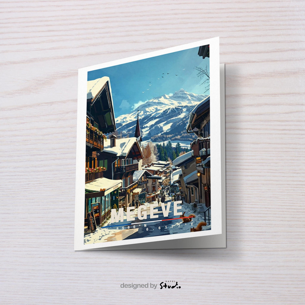Winterliche Illustration von Megève mit charmanten alpinen Chalets, verschneiten Dächern und einer ruhigen Dorfstraße. Im Hintergrund erheben sich majestätische Alpen mit klaren Schneelandschaften. Warme Holzhäuser, kleine Geschäfte und winterliches Licht erzeugen eine gemütliche, elegante Atmosphäre und spiegeln den klassischen Luxus-Charakter eines französischen Alpenortes wider.