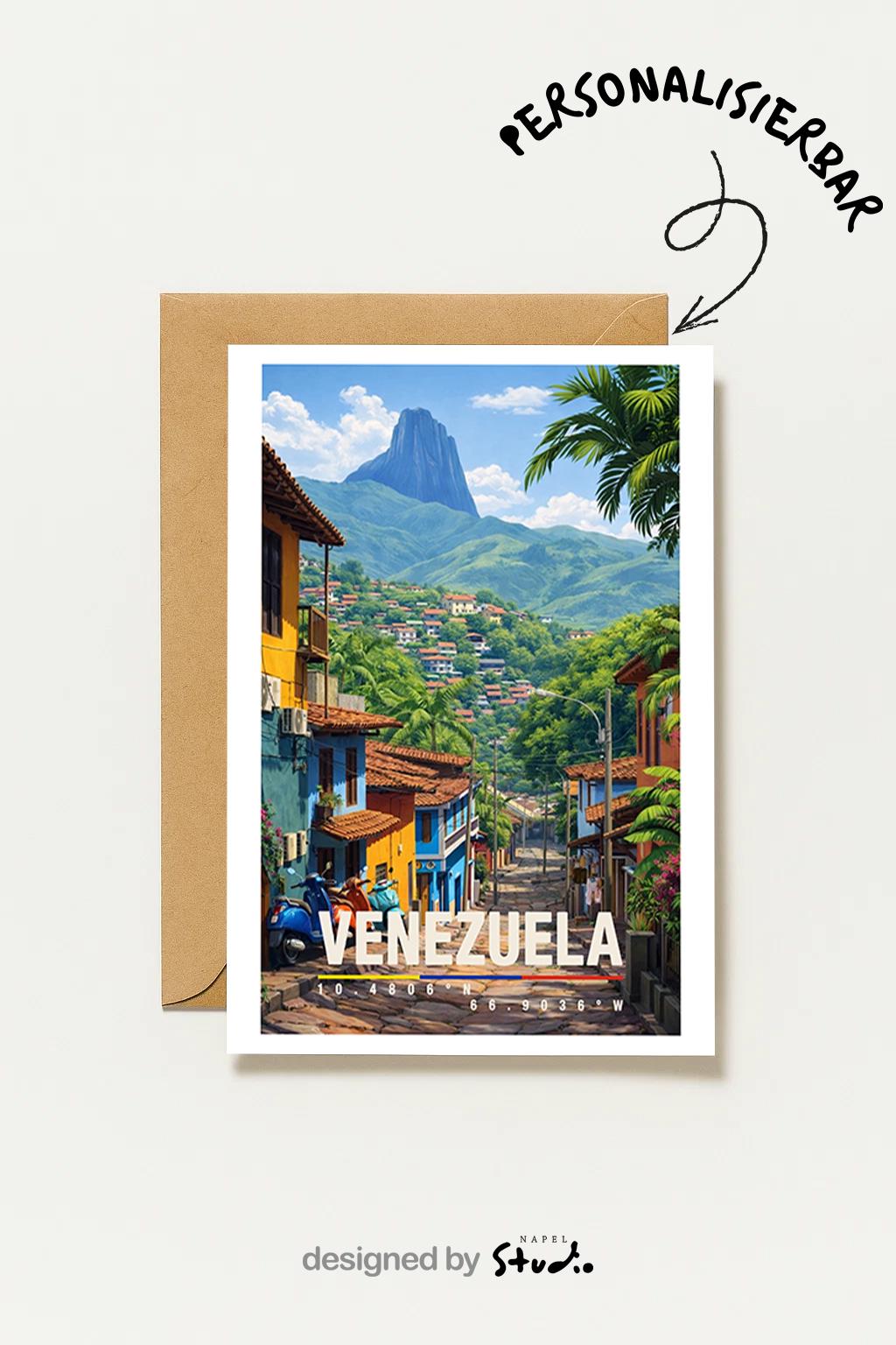 Farbenfrohe Illustration einer venezolanischen Stadt mit hügeliger Landschaft, tropischer Vegetation und dicht aneinandergereihten Häusern. Schmale Straßen führen durch die lebendige Umgebung, während grüne Berge im Hintergrund für Tiefe sorgen. Die warme Farbpalette vermittelt südamerikanisches Lebensgefühl, Naturverbundenheit und eine authentische urbane Reiseszene.